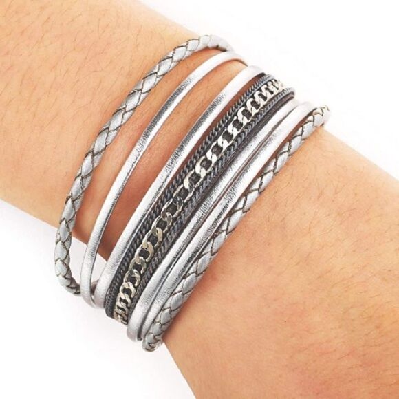 Grey Braided Leather Chain Buckle Bracelet - Picture 1 of 6